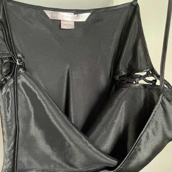 Victoria’s Secret VTG Satin Maxi Slip Dress Size L Black Gown Open Lace Up Sides - Picture 12 of 14